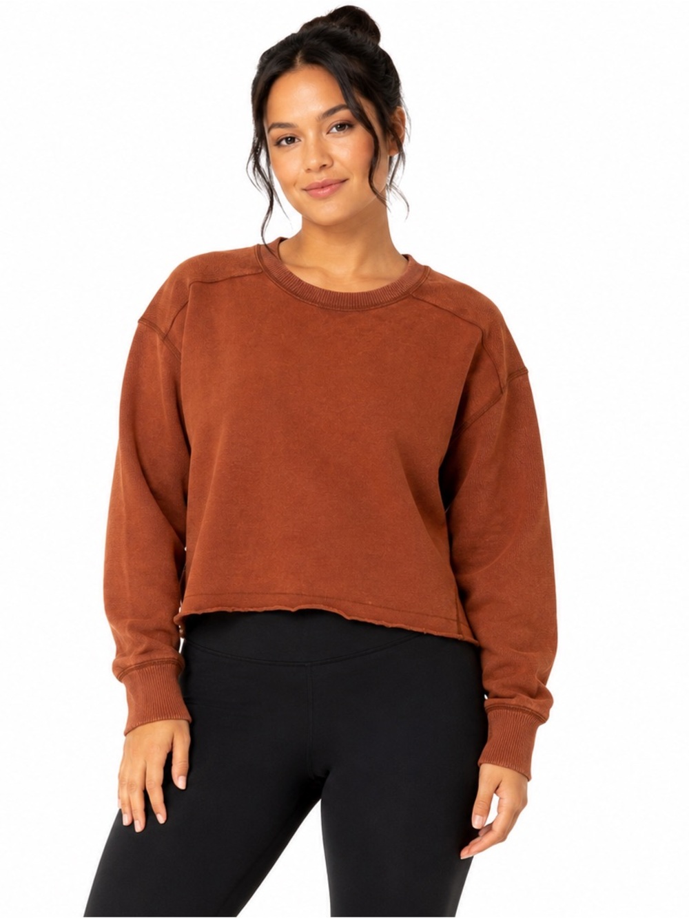 Aerie XS Burnt Orange Rust Mineral Wash Cropped Crewneck Sweatshirt Raw Hem